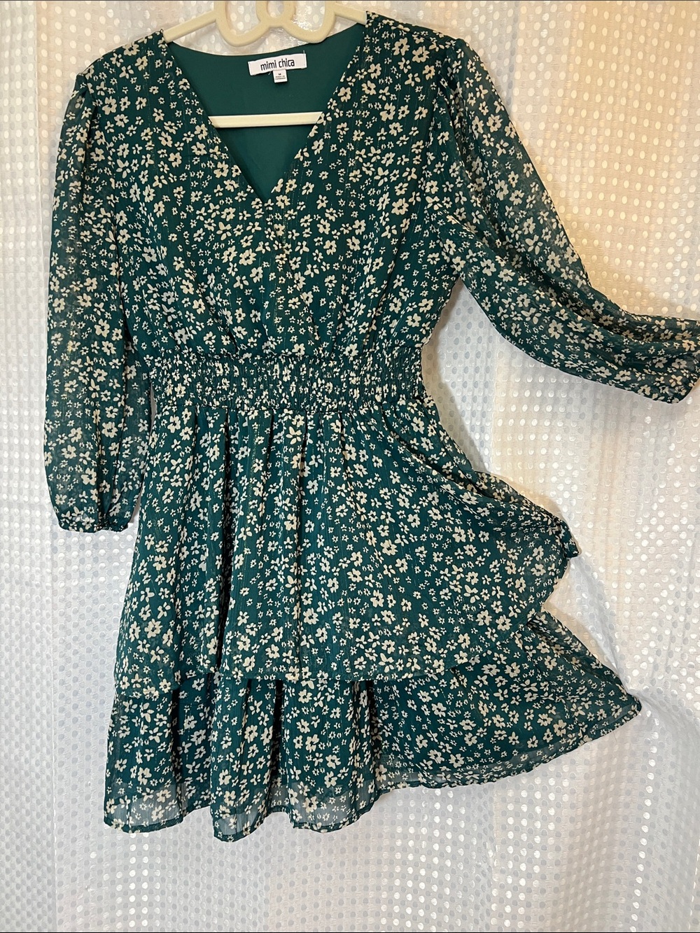 MIMI CHICA Dark Teal Green & Vanilla Floral Patterned 3/4 Sleeved Mini Dress